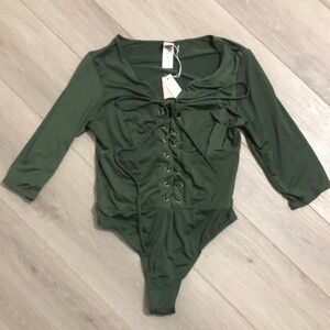 HAH Green Bodysuit with Three-Quarter Sleeves tie front NWT Small